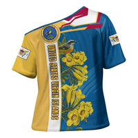 United States Virgin Islands Cross Shoulder Shirt with Blue Yellow Floral Design and Government Seal Bird - Wonder Print Shop