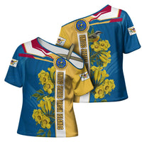 United States Virgin Islands Cross Shoulder Shirt with Blue Yellow Floral Design and Government Seal Bird - Wonder Print Shop
