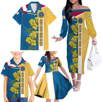United States Virgin Islands Family Matching Off The Shoulder Long Sleeve Dress and Hawaiian Shirt with Blue Yellow Floral Design and Government Seal Bird - Wonder Print Shop