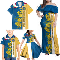 United States Virgin Islands Family Matching Off Shoulder Maxi Dress and Hawaiian Shirt with Blue Yellow Floral Design and Government Seal Bird - Wonder Print Shop