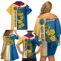 United States Virgin Islands Family Matching Off Shoulder Short Dress and Hawaiian Shirt with Blue Yellow Floral Design and Government Seal Bird - Wonder Print Shop