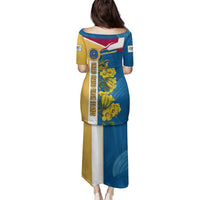 United States Virgin Islands Family Matching Puletasi and Hawaiian Shirt with Blue Yellow Floral Design and Government Seal Bird - Wonder Print Shop