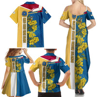 United States Virgin Islands Family Matching Summer Maxi Dress and Hawaiian Shirt with Blue Yellow Floral Design and Government Seal Bird - Wonder Print Shop