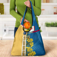 United States Virgin Islands Grocery Bag with Blue Yellow Floral Design and Government Seal Bird - Wonder Print Shop