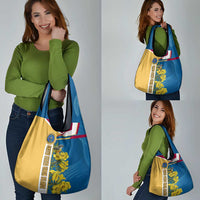 United States Virgin Islands Grocery Bag with Blue Yellow Floral Design and Government Seal Bird - Wonder Print Shop