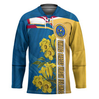 United States Virgin Islands Hockey Jersey with Blue Yellow Floral Design and Government Seal Bird - Wonder Print Shop