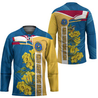 United States Virgin Islands Hockey Jersey with Blue Yellow Floral Design and Government Seal Bird - Wonder Print Shop