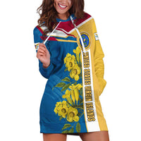 United States Virgin Islands Hoodie Dress with Blue Yellow Floral Design and Government Seal Bird - Wonder Print Shop