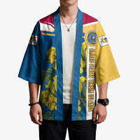United States Virgin Islands Kimono with Blue Yellow Floral Design and Government Seal Bird - Wonder Print Shop