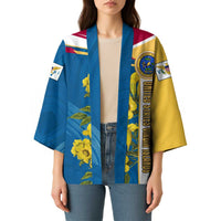 United States Virgin Islands Kimono with Blue Yellow Floral Design and Government Seal Bird - Wonder Print Shop