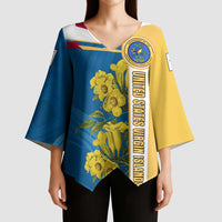 United States Virgin Islands Kimono Sleeve Blouse with Blue Yellow Floral Design and Government Seal Bird - Wonder Print Shop