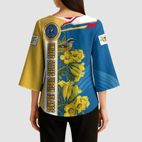 United States Virgin Islands Kimono Sleeve Blouse with Blue Yellow Floral Design and Government Seal Bird - Wonder Print Shop