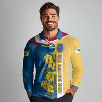 United States Virgin Islands Long Sleeve Polo Shirt with Blue Yellow Floral Design and Government Seal Bird - Wonder Print Shop