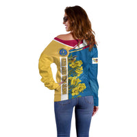United States Virgin Islands Off Shoulder Sweater with Blue Yellow Floral Design and Government Seal Bird - Wonder Print Shop