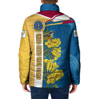 United States Virgin Islands Padded Jacket with Blue Yellow Floral Design and Government Seal Bird - Wonder Print Shop