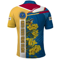 United States Virgin Islands Polo Shirt with Blue Yellow Floral Design and Government Seal Bird - Wonder Print Shop