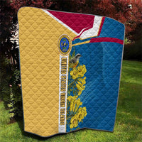 United States Virgin Islands Quilt with Blue Yellow Floral Design and Government Seal Bird - Wonder Print Shop