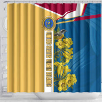 United States Virgin Islands Shower Curtain with Blue Yellow Floral Design and Government Seal Bird - Wonder Print Shop