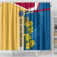 United States Virgin Islands Shower Curtain with Blue Yellow Floral Design and Government Seal Bird - Wonder Print Shop
