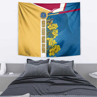 United States Virgin Islands Tapestry with Blue Yellow Floral Design and Government Seal Bird - Wonder Print Shop