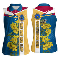 United States Virgin Islands Women Sleeveless Polo Shirt with Blue Yellow Floral Design and Government Seal Bird - Wonder Print Shop