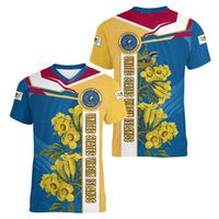 United States Virgin Islands Women V-Neck T-Shirt with Blue Yellow Floral Design and Government Seal Bird - Wonder Print Shop