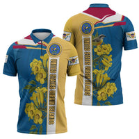 United States Virgin Islands Zipper Polo Shirt with Blue Yellow Floral Design and Government Seal Bird - Wonder Print Shop