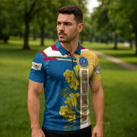 United States Virgin Islands Zipper Polo Shirt with Blue Yellow Floral Design and Government Seal Bird - Wonder Print Shop