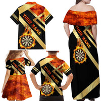 Flaming Dartboard Darts Family Matching Off Shoulder Maxi Dress and Hawaiian Shirt Personalized Bold Geometric Patterns - Wonder Print Shop