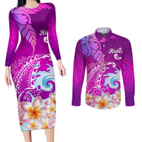 Hawaii Plumeria Flower Couples Matching Long Sleeve Bodycon Dress and Long Sleeve Button Shirts Plumeria FLowers And Polynesian Pattern - Wonder Print Shop