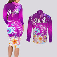Hawaii Plumeria Flower Couples Matching Long Sleeve Bodycon Dress and Long Sleeve Button Shirts Plumeria FLowers And Polynesian Pattern - Wonder Print Shop
