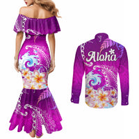 hawaii-plumeria-flower-couples-matching-mermaid-dress-and-long-sleeve-button-shirts-plumeria-flowers-and-polynesian-pattern