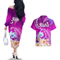 Hawaii Plumeria Flower Couples Matching Off The Shoulder Long Sleeve Dress and Hawaiian Shirt Plumeria FLowers And Polynesian Pattern - Wonder Print Shop