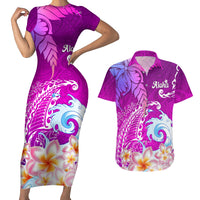 Hawaii Plumeria Flower Couples Matching Short Sleeve Bodycon Dress and Hawaiian Shirt Plumeria FLowers And Polynesian Pattern - Wonder Print Shop