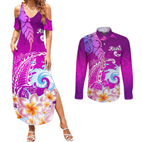 Hawaii Plumeria Flower Couples Matching Summer Maxi Dress and Long Sleeve Button Shirts Plumeria FLowers And Polynesian Pattern - Wonder Print Shop