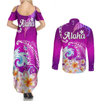 Hawaii Plumeria Flower Couples Matching Summer Maxi Dress and Long Sleeve Button Shirts Plumeria FLowers And Polynesian Pattern - Wonder Print Shop