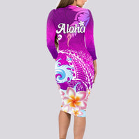 Hawaii Plumeria Flower Long Sleeve Bodycon Dress Plumeria FLowers And Polynesian Pattern - Wonder Print Shop