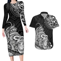 Hawaii Polynesian Couples Matching Long Sleeve Bodycon Dress and Hawaiian Shirt Gorila Tatoo Polynesian Style - Wonder Print Shop