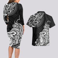 Hawaii Polynesian Couples Matching Long Sleeve Bodycon Dress and Hawaiian Shirt Gorila Tatoo Polynesian Style - Wonder Print Shop