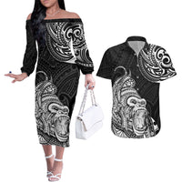 Hawaii Polynesian Couples Matching Off The Shoulder Long Sleeve Dress and Hawaiian Shirt Gorila Tatoo Polynesian Style - Wonder Print Shop