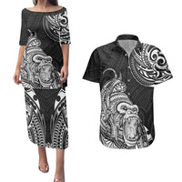 Hawaii Polynesian Couples Matching Puletasi Dress and Hawaiian Shirt Gorila Tatoo Polynesian Style - Wonder Print Shop