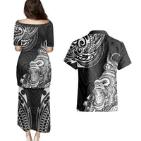 Hawaii Polynesian Couples Matching Puletasi Dress and Hawaiian Shirt Gorila Tatoo Polynesian Style - Wonder Print Shop