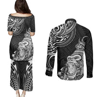 Hawaii Polynesian Couples Matching Puletasi Dress and Long Sleeve Button Shirts Gorila Tatoo Polynesian Style - Wonder Print Shop