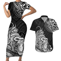 Hawaii Polynesian Couples Matching Short Sleeve Bodycon Dress and Hawaiian Shirt Gorila Tatoo Polynesian Style - Wonder Print Shop