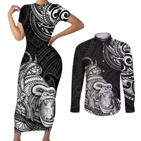 Hawaii Polynesian Couples Matching Short Sleeve Bodycon Dress and Long Sleeve Button Shirts Gorila Tatoo Polynesian Style - Wonder Print Shop