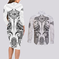 Hawaii Polynesian Couples Matching Long Sleeve Bodycon Dress and Long Sleeve Button Shirts Warrior symbol - Wonder Print Shop