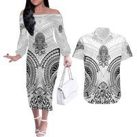 Hawaii Polynesian Couples Matching Off The Shoulder Long Sleeve Dress and Hawaiian Shirt Warrior symbol - Wonder Print Shop