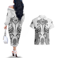 Hawaii Polynesian Couples Matching Off The Shoulder Long Sleeve Dress and Hawaiian Shirt Warrior symbol - Wonder Print Shop