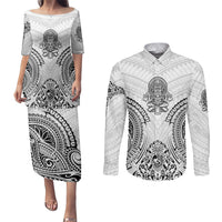Hawaii Polynesian Couples Matching Puletasi Dress and Long Sleeve Button Shirts Warrior symbol - Wonder Print Shop