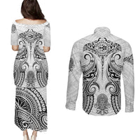 Hawaii Polynesian Couples Matching Puletasi Dress and Long Sleeve Button Shirts Warrior symbol - Wonder Print Shop